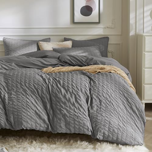 JELLYMONI White Duvet Cover Queen Size, 3pcs Washed Microfiber Bedding Set, Soft Breathable Seersucker Duvet Cover Set with Zipper Closure and Corner Ties for All Seasons - Grand Goldman