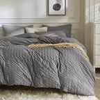 JELLYMONI White Duvet Cover Queen Size, 3pcs Washed Microfiber Bedding Set, Soft Breathable Seersucker Duvet Cover Set with Zipper Closure and Corner Ties for All Seasons - Grand Goldman