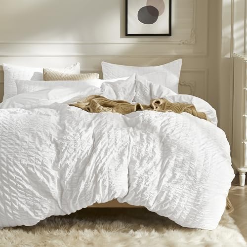 JELLYMONI White Duvet Cover Queen Size, 3pcs Washed Microfiber Bedding Set, Soft Breathable Seersucker Duvet Cover Set with Zipper Closure and Corner Ties for All Seasons - Grand Goldman