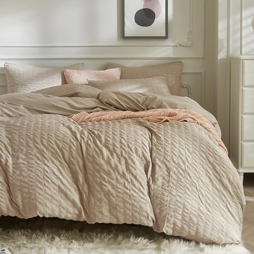 JELLYMONI White Duvet Cover Queen Size, 3pcs Washed Microfiber Bedding Set, Soft Breathable Seersucker Duvet Cover Set with Zipper Closure and Corner Ties for All Seasons - Grand Goldman