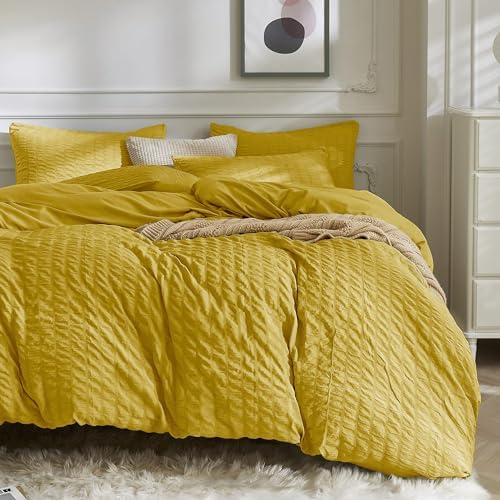 JELLYMONI White Duvet Cover Queen Size, 3pcs Washed Microfiber Bedding Set, Soft Breathable Seersucker Duvet Cover Set with Zipper Closure and Corner Ties for All Seasons - Grand Goldman