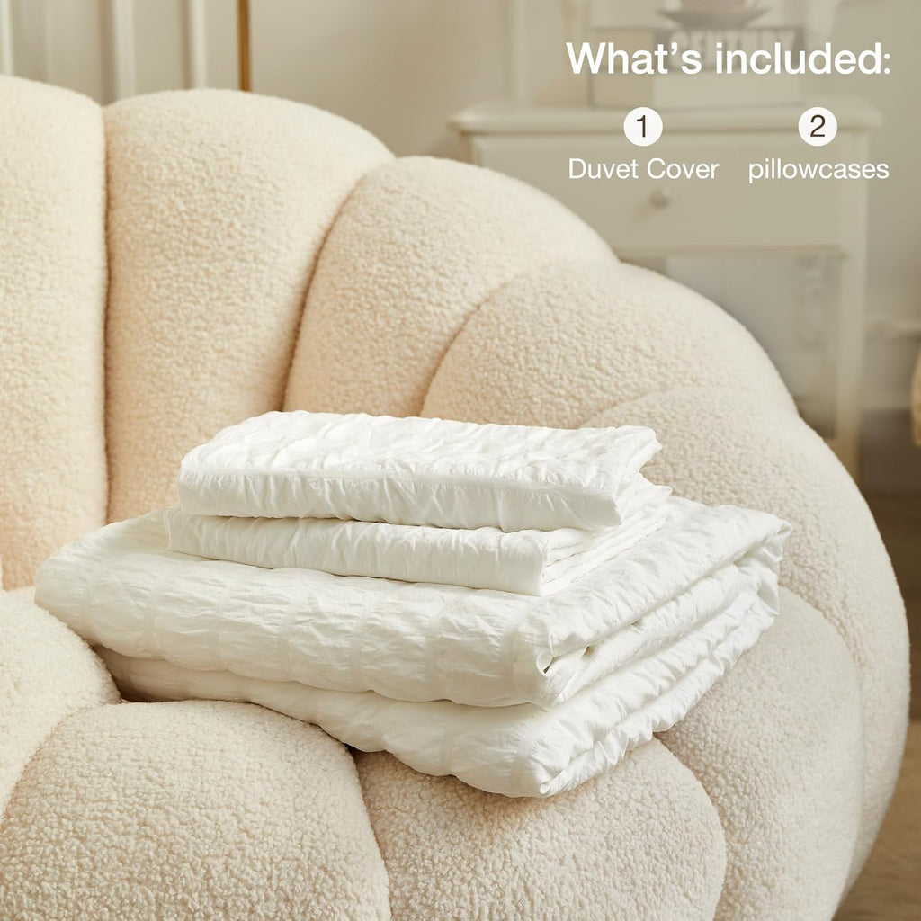 JELLYMONI White Duvet Cover Queen Size, 3pcs Washed Microfiber Bedding Set, Soft Breathable Seersucker Duvet Cover Set with Zipper Closure and Corner Ties for All Seasons - Grand Goldman