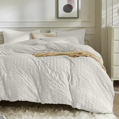 JELLYMONI White Duvet Cover Queen Size, 3pcs Washed Microfiber Bedding Set, Soft Breathable Seersucker Duvet Cover Set with Zipper Closure and Corner Ties for All Seasons - Grand Goldman