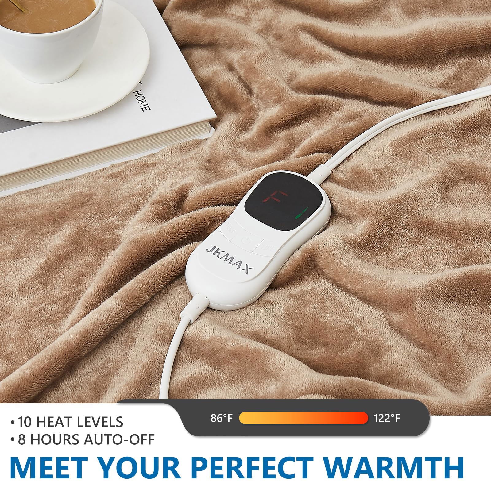 JKMAX Electric Heated Heating Blanket - Heated Bed Blanket Queen Size 84"x90" with 10 Heating Levels 8 Hours Auto Off Fast Heating - Electric Blanket Ultra Soft Overheat Protection ETL Certified Grey - Grand Goldman