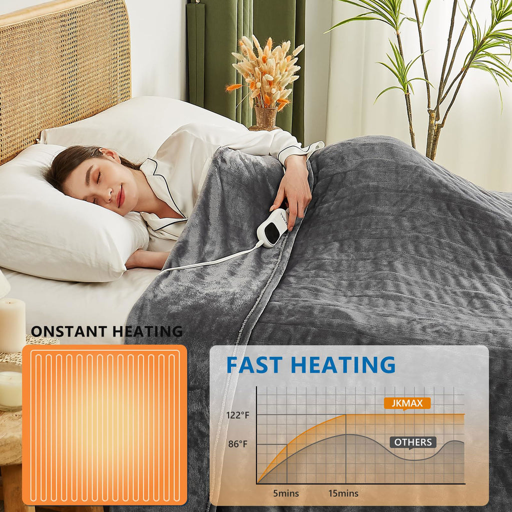 JKMAX Electric Heated Heating Blanket - Heated Bed Blanket Queen Size 84"x90" with 10 Heating Levels 8 Hours Auto Off Fast Heating - Electric Blanket Ultra Soft Overheat Protection ETL Certified Grey - Grand Goldman