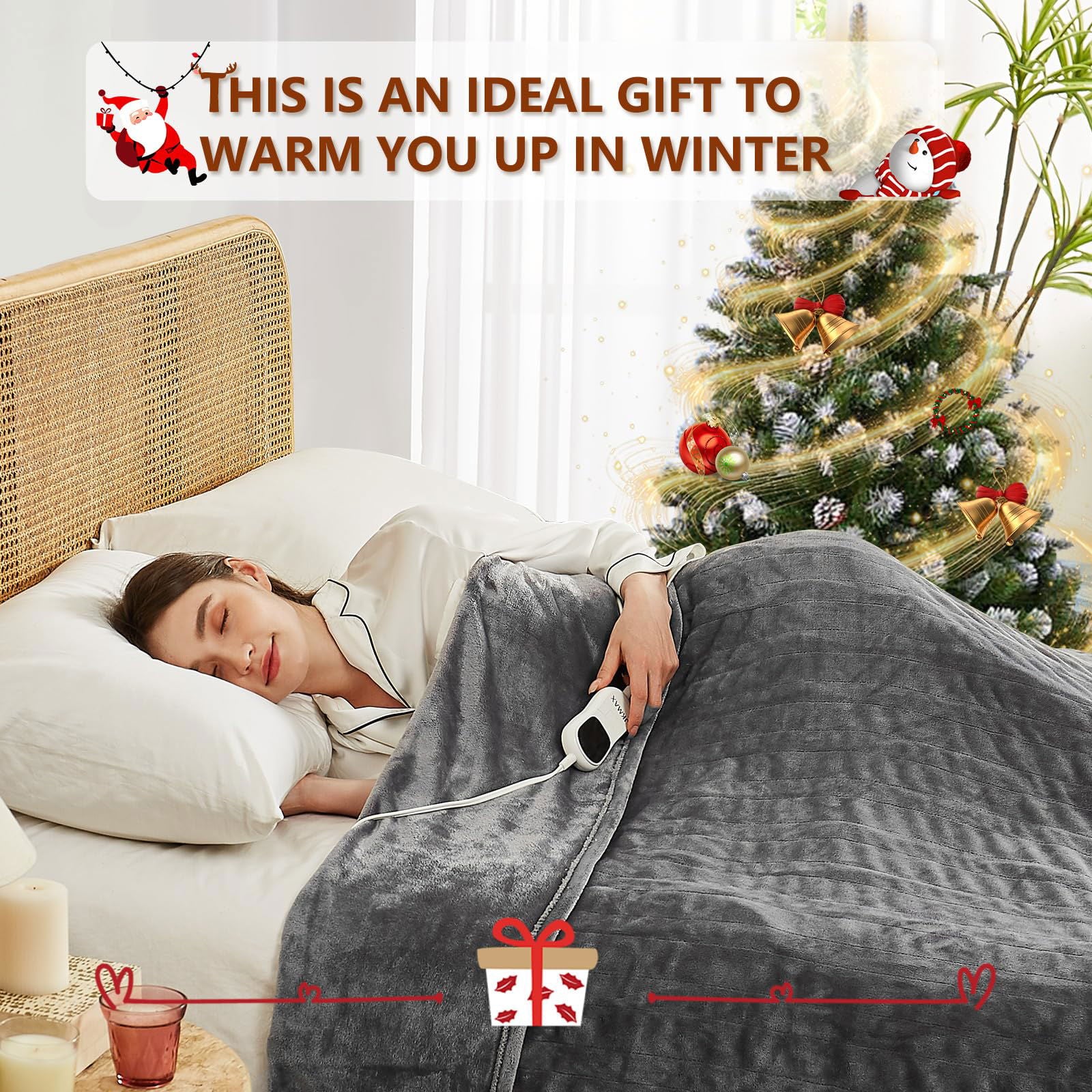 JKMAX Electric Heated Heating Blanket - Heated Bed Blanket Queen Size 84"x90" with 10 Heating Levels 8 Hours Auto Off Fast Heating - Electric Blanket Ultra Soft Overheat Protection ETL Certified Grey - Grand Goldman