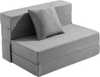 JKMAX Queen Size Folding Sofa Bed - 4 in 1 Sleeper Chair with Two Pillows - High Density Memory Foam Futon Couch - Convertible Folding Bed with Washable Modern Linen Cover for Apartment (Dark Grey) - Grand Goldman