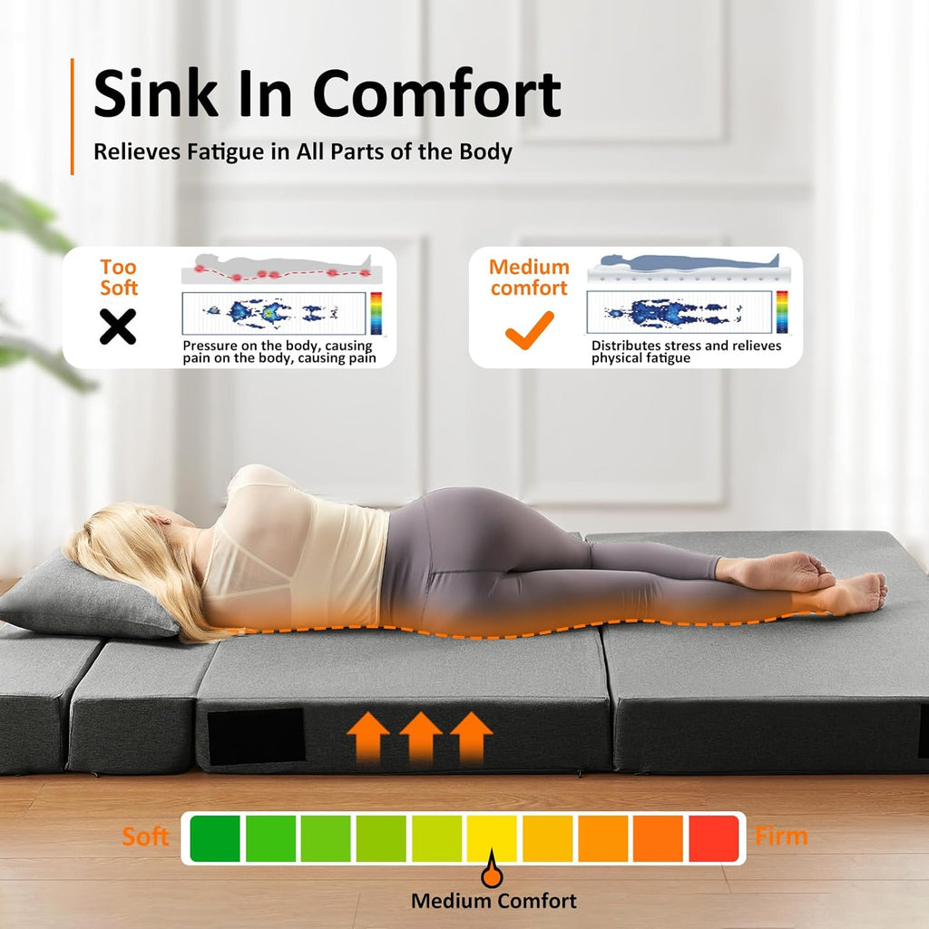 JKMAX Queen Size Folding Sofa Bed - 4 in 1 Sleeper Chair with Two Pillows - High Density Memory Foam Futon Couch - Convertible Folding Bed with Washable Modern Linen Cover for Apartment (Dark Grey) - Grand Goldman