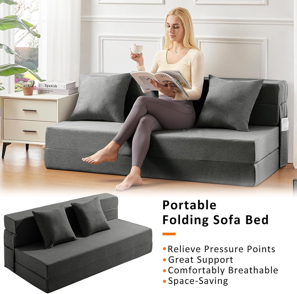 JKMAX Queen Size Folding Sofa Bed - 4 in 1 Sleeper Chair with Two Pillows - High Density Memory Foam Futon Couch - Convertible Folding Bed with Washable Modern Linen Cover for Apartment (Dark Grey) - Grand Goldman