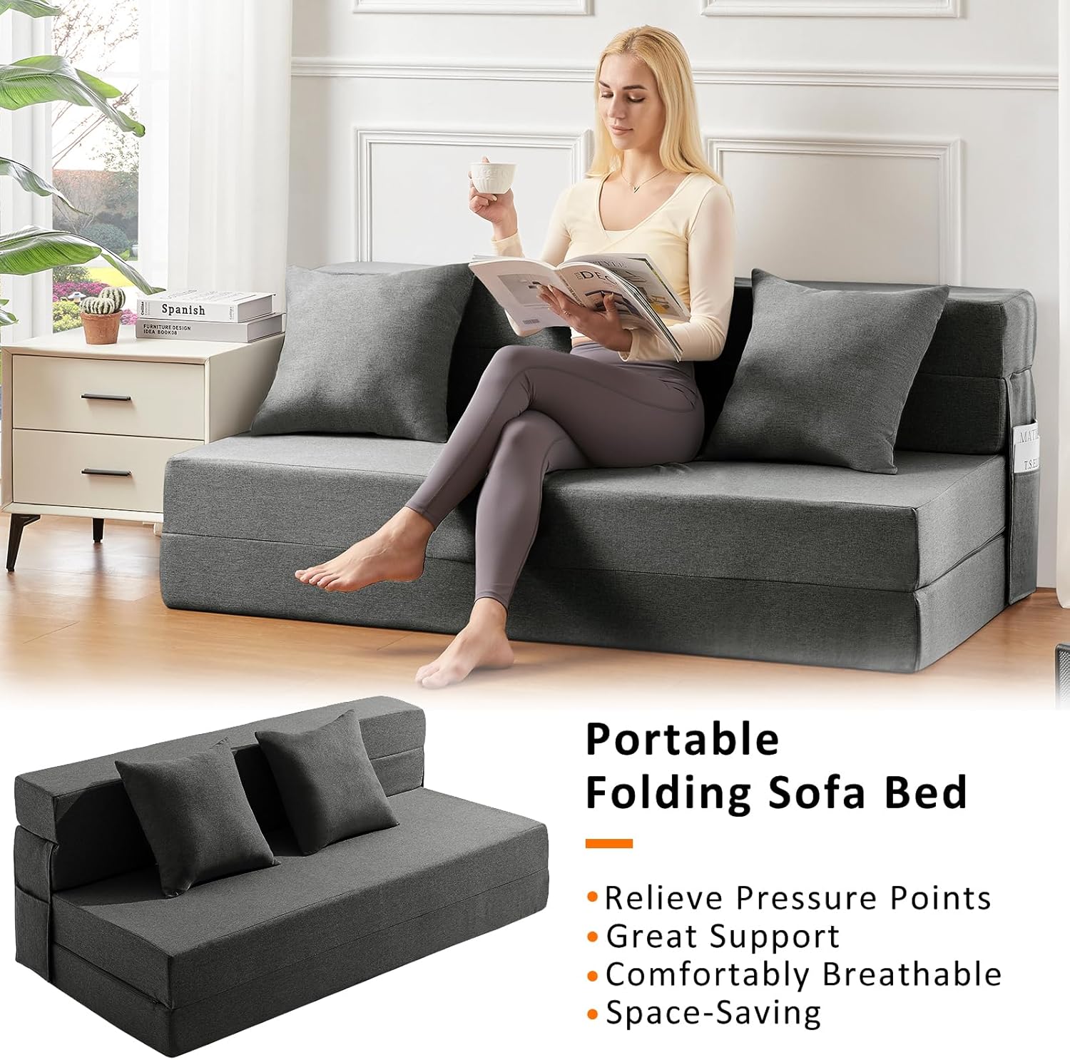 JKMAX Queen Size Folding Sofa Bed - 4 in 1 Sleeper Chair with Two Pillows - High Density Memory Foam Futon Couch - Convertible Folding Bed with Washable Modern Linen Cover for Apartment (Dark Grey) - Grand Goldman