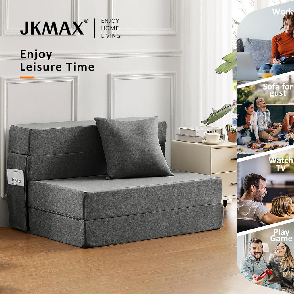 JKMAX Queen Size Folding Sofa Bed - 4 in 1 Sleeper Chair with Two Pillows - High Density Memory Foam Futon Couch - Convertible Folding Bed with Washable Modern Linen Cover for Apartment (Dark Grey) - Grand Goldman