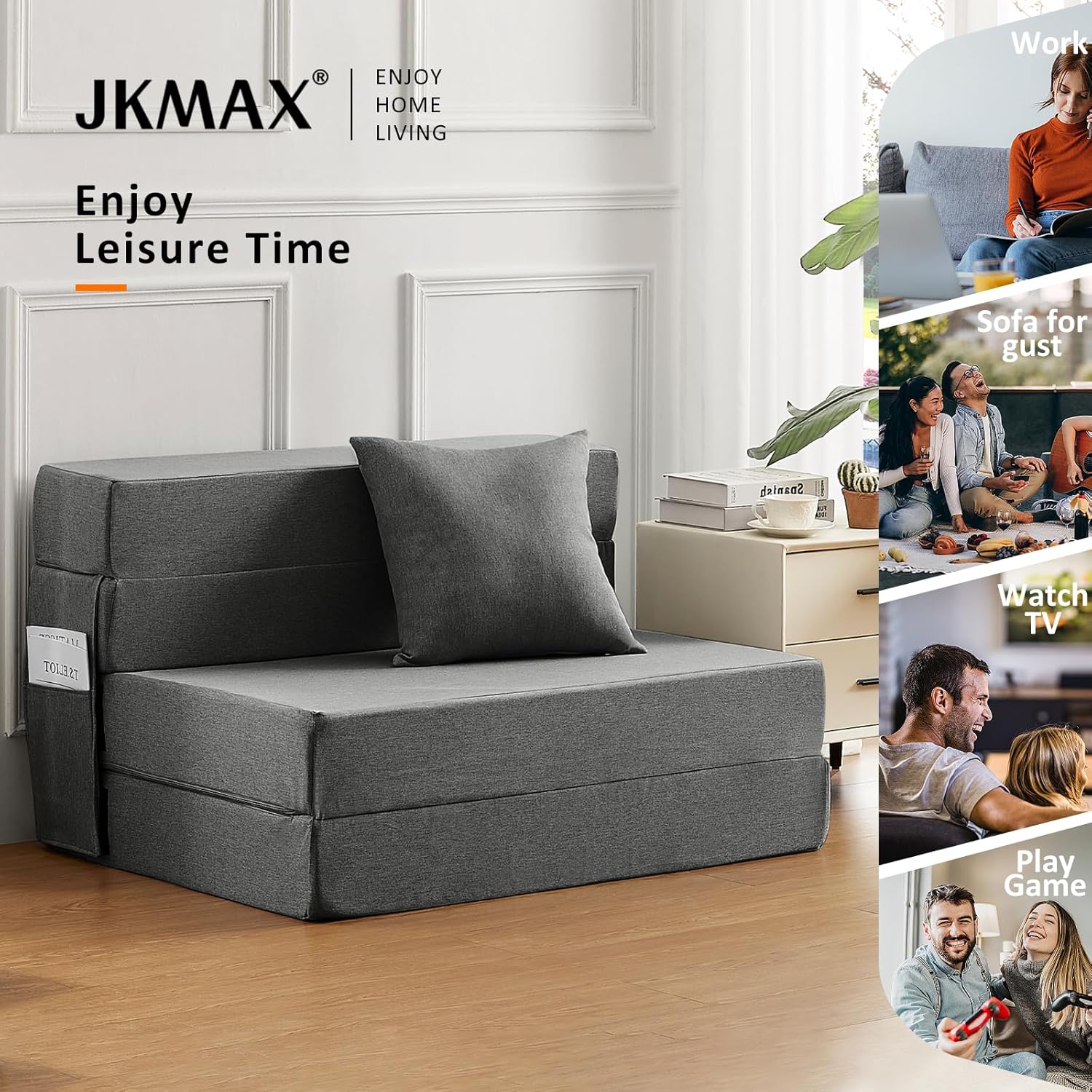 JKMAX Queen Size Folding Sofa Bed - 4 in 1 Sleeper Chair with Two Pillows - High Density Memory Foam Futon Couch - Convertible Folding Bed with Washable Modern Linen Cover for Apartment (Dark Grey) - Grand Goldman