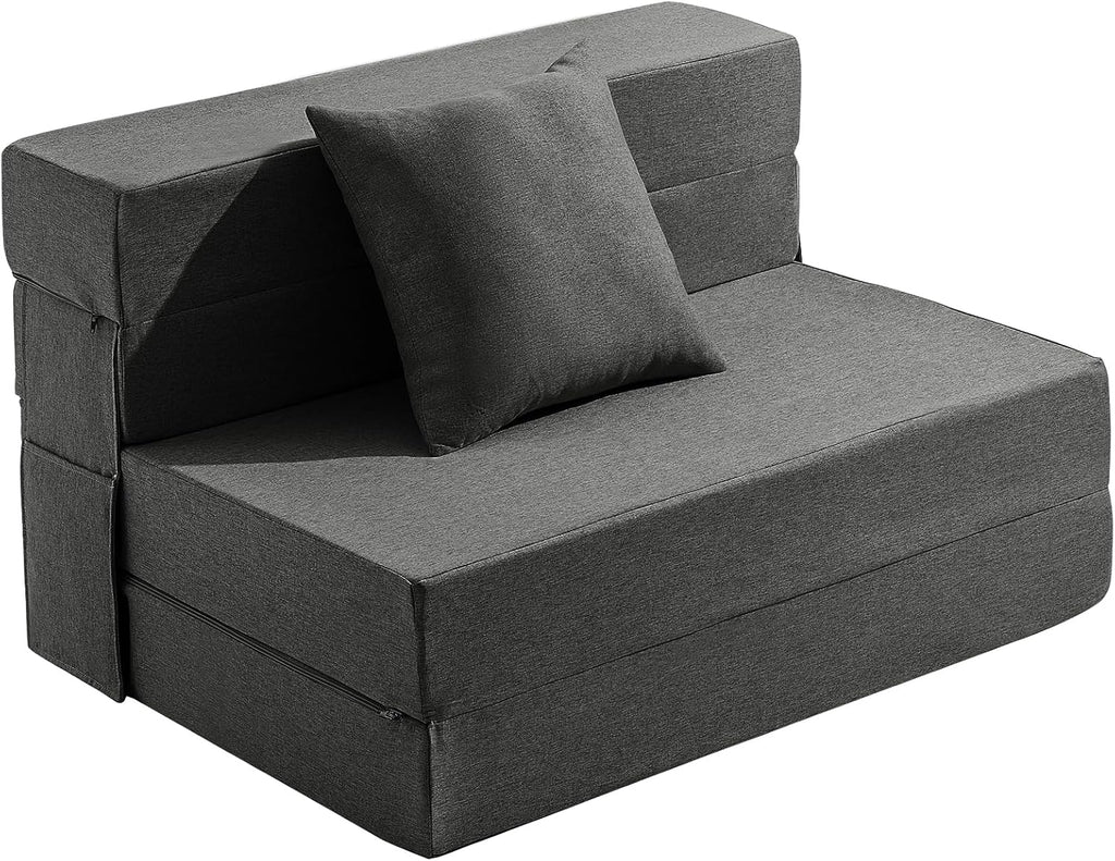 JKMAX Queen Size Folding Sofa Bed - 4 in 1 Sleeper Chair with Two Pillows - High Density Memory Foam Futon Couch - Convertible Folding Bed with Washable Modern Linen Cover for Apartment (Dark Grey) - Grand Goldman