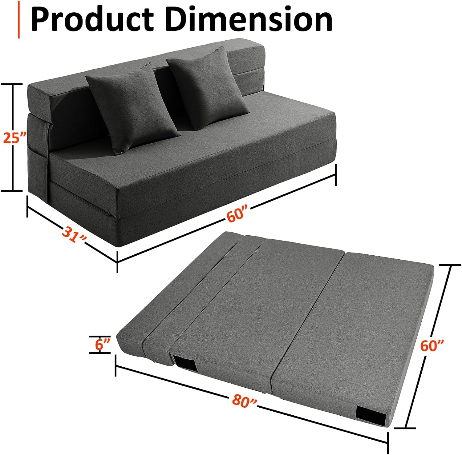 JKMAX Queen Size Folding Sofa Bed - 4 in 1 Sleeper Chair with Two Pillows - High Density Memory Foam Futon Couch - Convertible Folding Bed with Washable Modern Linen Cover for Apartment (Dark Grey) - Grand Goldman