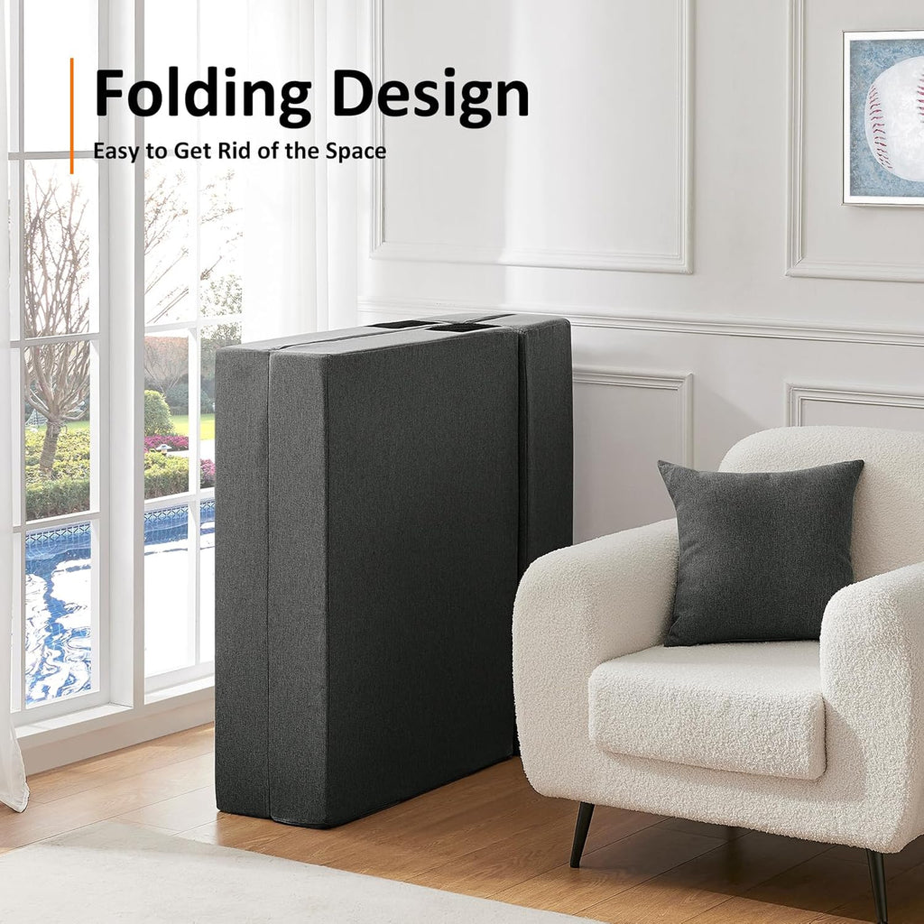 JKMAX Queen Size Folding Sofa Bed - 4 in 1 Sleeper Chair with Two Pillows - High Density Memory Foam Futon Couch - Convertible Folding Bed with Washable Modern Linen Cover for Apartment (Dark Grey) - Grand Goldman