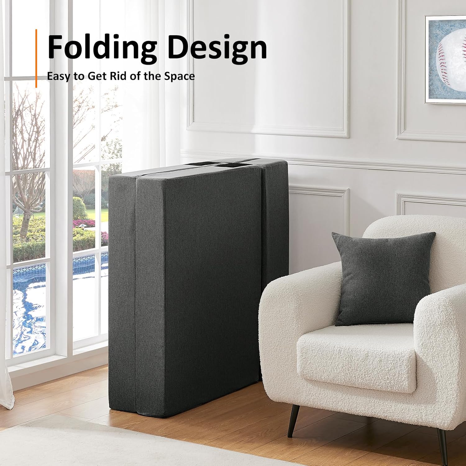 JKMAX Queen Size Folding Sofa Bed - 4 in 1 Sleeper Chair with Two Pillows - High Density Memory Foam Futon Couch - Convertible Folding Bed with Washable Modern Linen Cover for Apartment (Dark Grey) - Grand Goldman