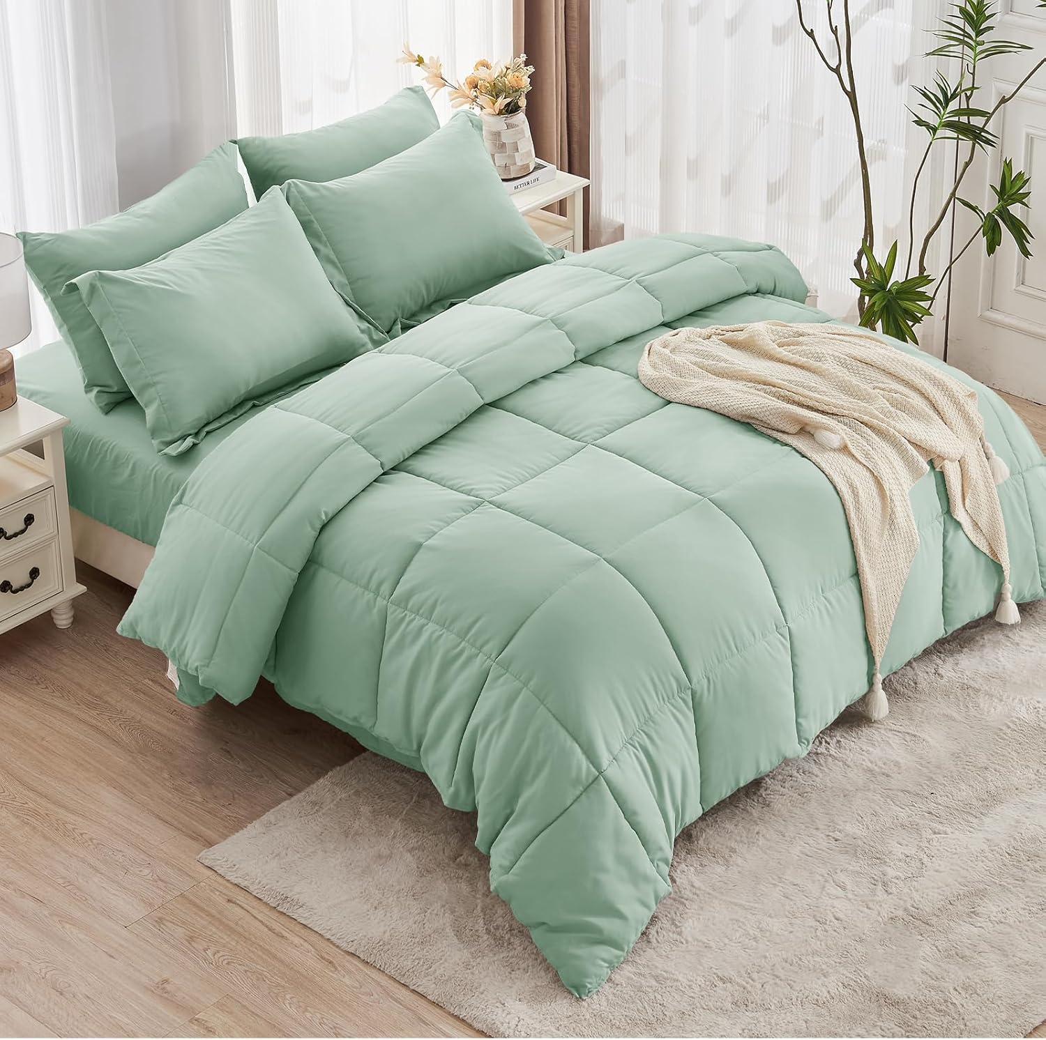 JOLLYVOGUE Queen Comforter Set, 7-Piece Bed in a Bag Queen, Ultra-Soft Comforters Queen Size, Queen Size Comforter Sets, Goose Down Alternative, Oeko-TEX Certified, Sheets & Pillowcases - Grand Goldman