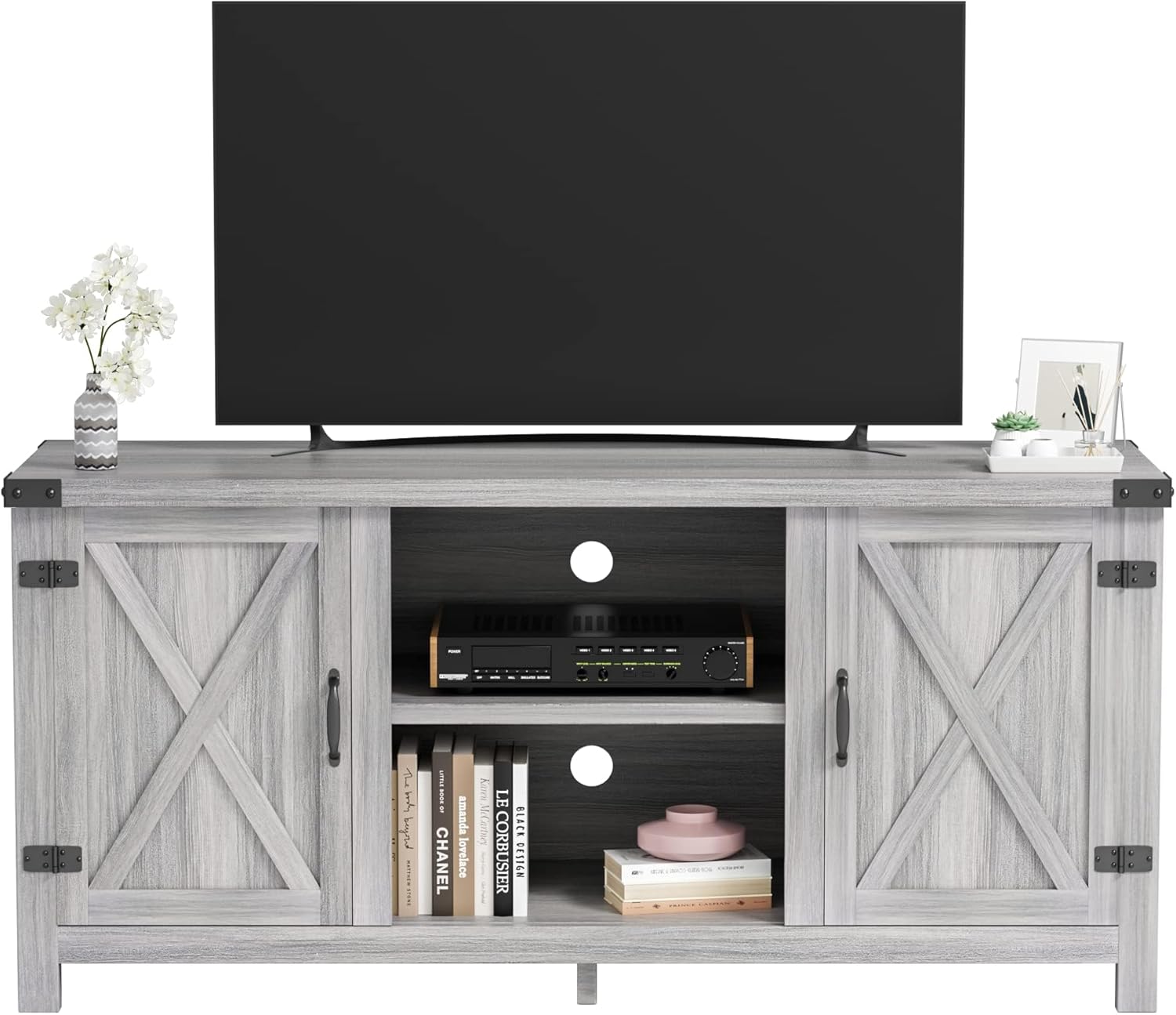 JUMMICO TV Stand, 65 Inch TV Farmhouse Entertainment Center with Double Barn Doors and Storage Cabinets, Console TV Table Media for Living Room, Bedroom (Grey) - Grand Goldman