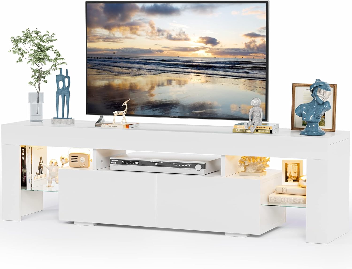 JUMMICO TV Stand, Modern Lighting TV Cabinet Entertainment Center Media and Open Shelf, TV Console Table with 1 Drawer and Remote Control, 20 Color LED Lights up to 70 Inch TV (White) - Grand Goldman