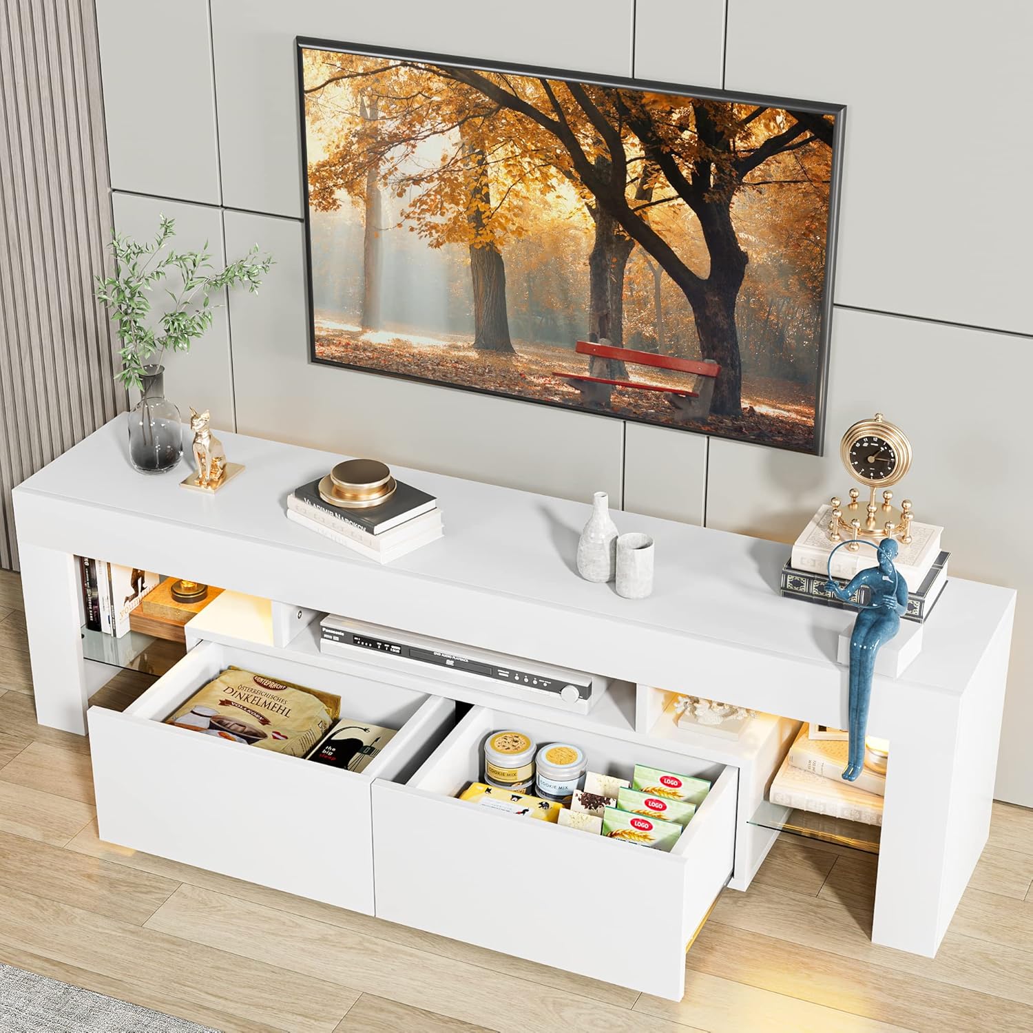 JUMMICO TV Stand, Modern Lighting TV Cabinet Entertainment Center Media and Open Shelf, TV Console Table with 1 Drawer and Remote Control, 20 Color LED Lights up to 70 Inch TV (White) - Grand Goldman
