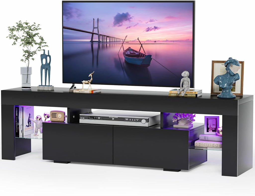 JUMMICO TV Stand, Modern Lighting TV Cabinet Entertainment Center Media and Open Shelf, TV Console Table with 1 Drawer and Remote Control, 20 Color LED Lights up to 70 Inch TV (White) - Grand Goldman