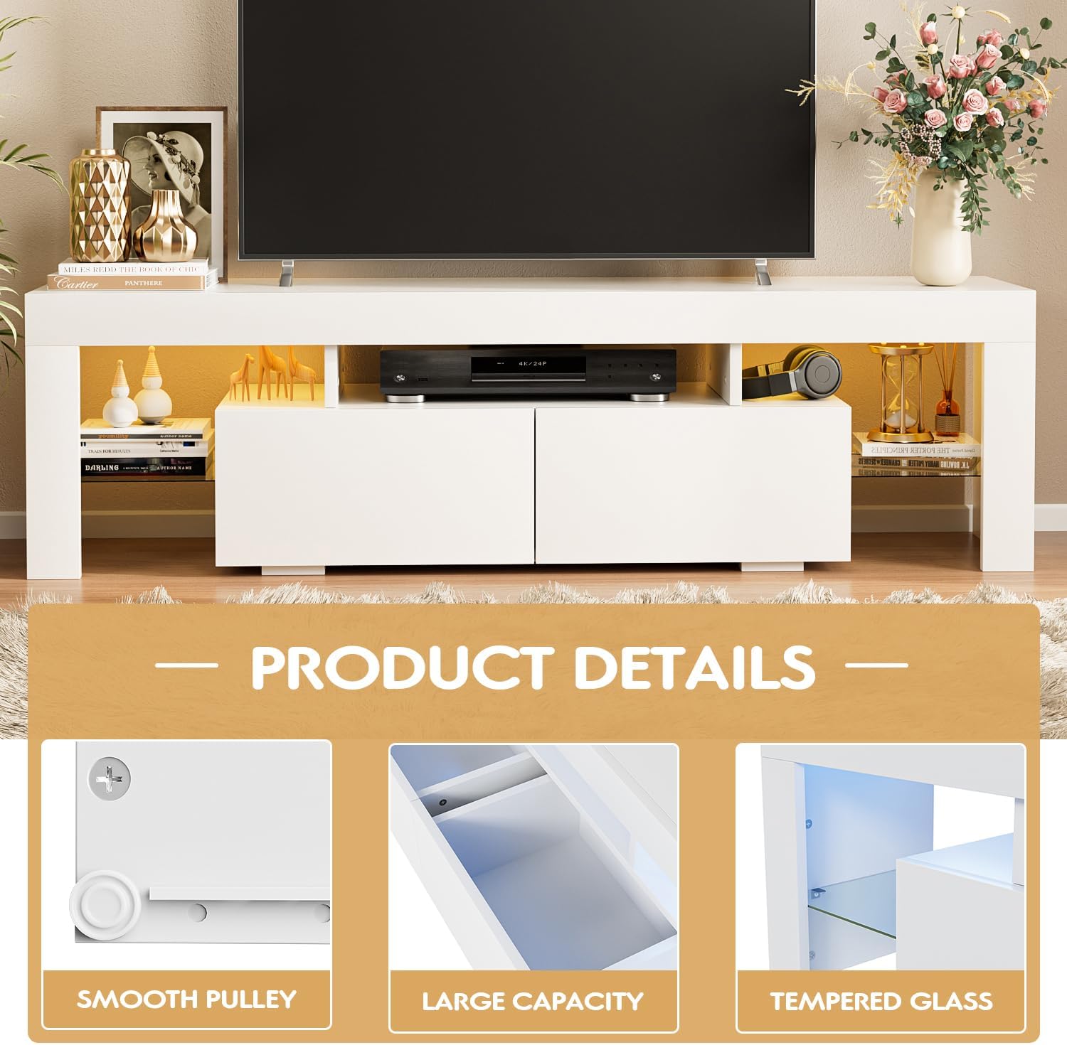 JUMMICO TV Stand, Modern Lighting TV Cabinet Entertainment Center Media and Open Shelf, TV Console Table with 1 Drawer and Remote Control, 20 Color LED Lights up to 70 Inch TV (White) - Grand Goldman