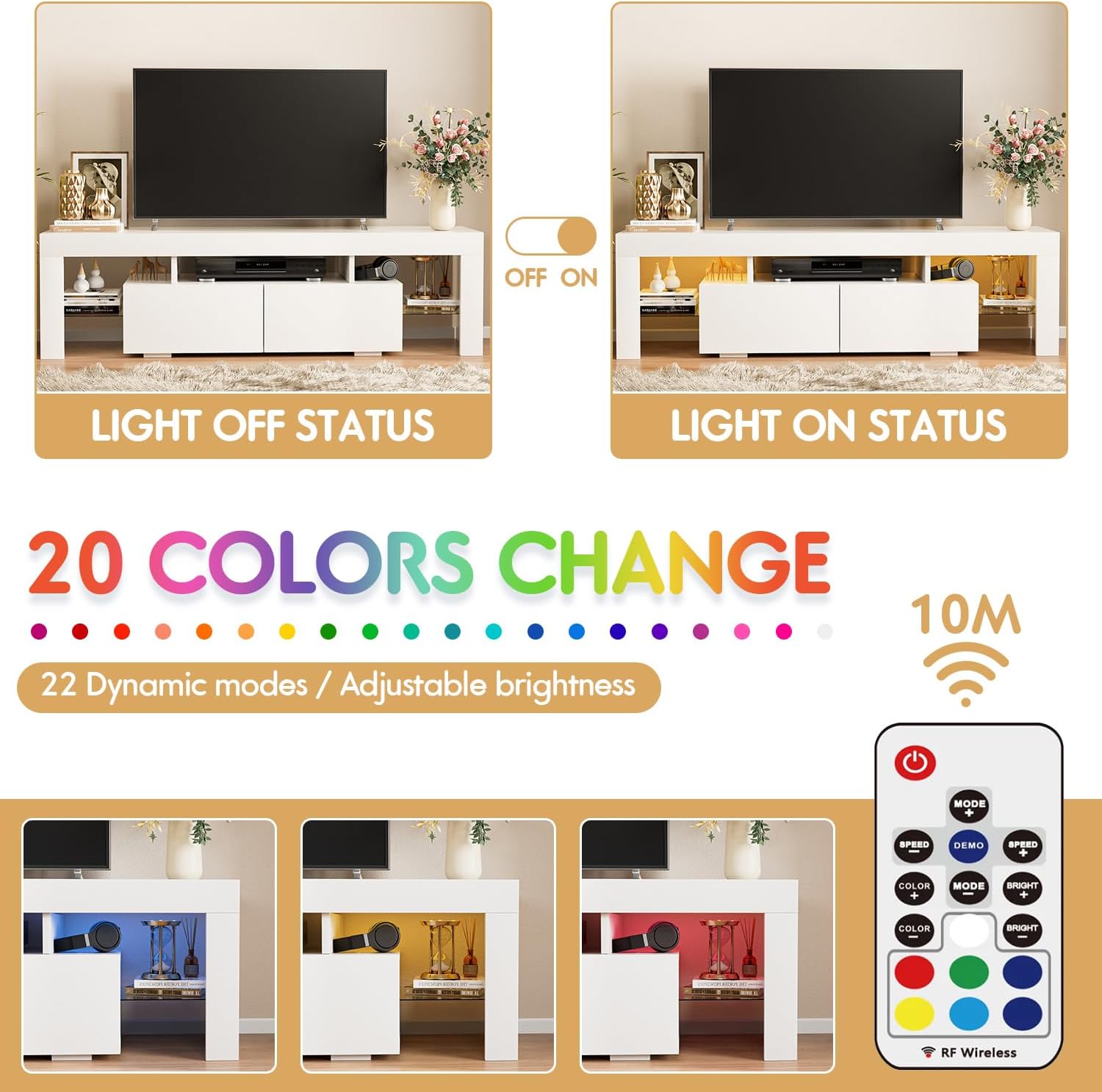 JUMMICO TV Stand, Modern Lighting TV Cabinet Entertainment Center Media and Open Shelf, TV Console Table with 1 Drawer and Remote Control, 20 Color LED Lights up to 70 Inch TV (White) - Grand Goldman