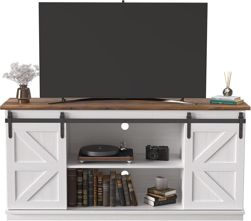 JUMMICO TV Stand for 65 Inch TV, Entertainment Center with Storage Cabinets and Sliding Barn Doors, Mid Century Modern Media TV Console Table for Living Room Bedroom (Bright White) - Grand Goldman