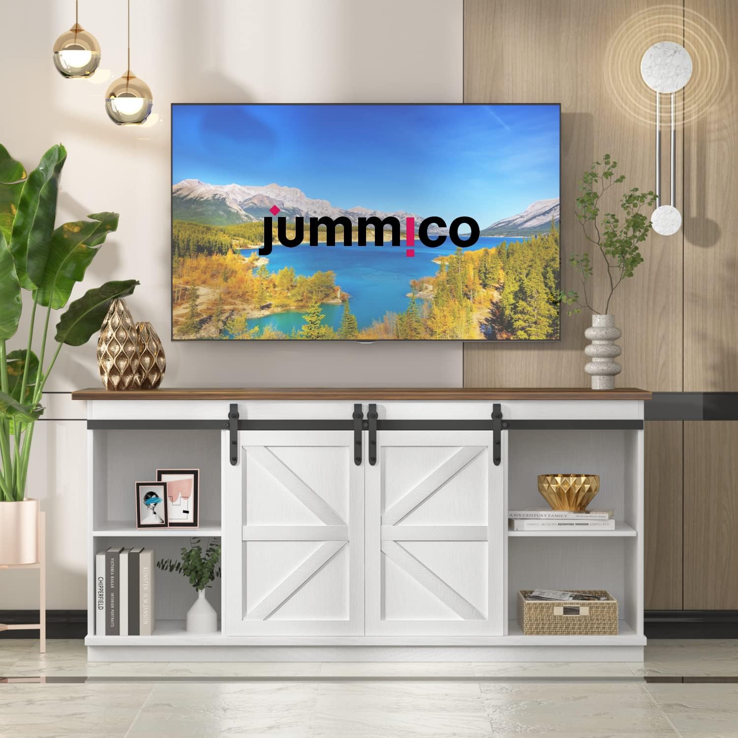 JUMMICO TV Stand for 65 Inch TV, Entertainment Center with Storage Cabinets and Sliding Barn Doors, Mid Century Modern Media TV Console Table for Living Room Bedroom (Bright White) - Grand Goldman