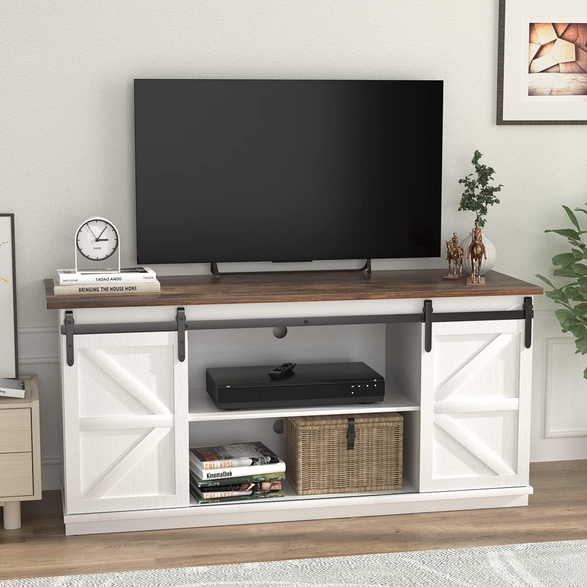 JUMMICO TV Stand for 65 Inch TV, Entertainment Center with Storage Cabinets and Sliding Barn Doors, Mid Century Modern Media TV Console Table for Living Room Bedroom (Bright White) - Grand Goldman
