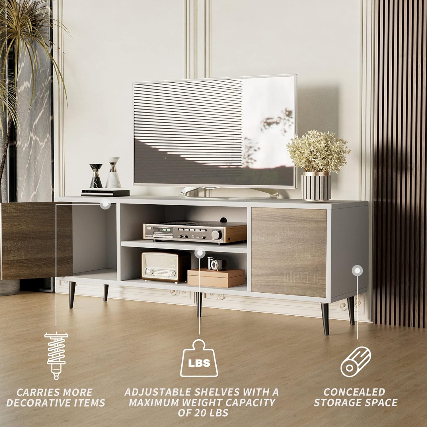 JUMMICO TV Stand for 65 Inch TV, Modern Entertainment Center with Storage Cabinet and Open Shelves, TV Console Table Media Cabinet for Living Room, Bedroom and Office (Oak) - Grand Goldman