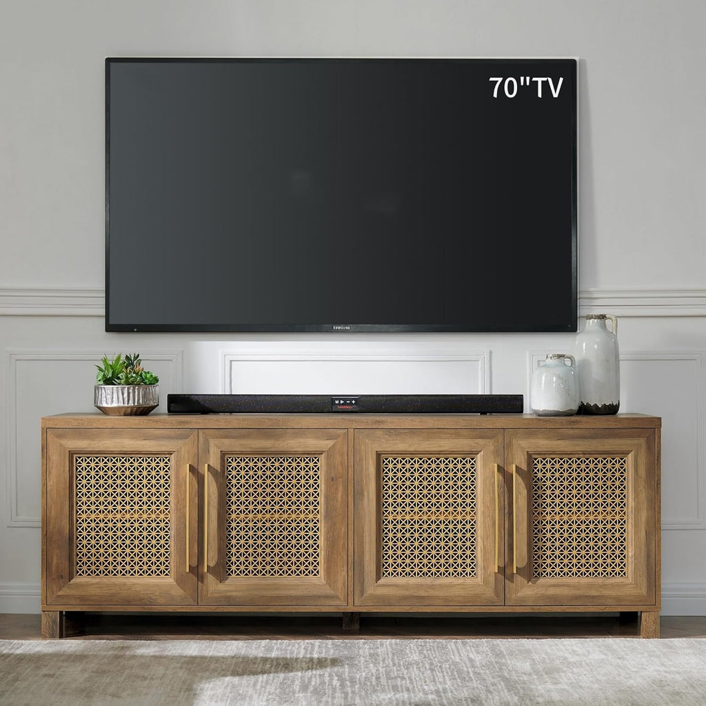 JYED Mid Century Modern TV Stand for TVs up to 75 Inch, with Hollow Metal Mesh Decorated，Boho TV Console with Storage Cabinet,Cable Holes, TV Stand for Living Room, 69.5"x15.6"x24.8", Rustic - Grand Goldman