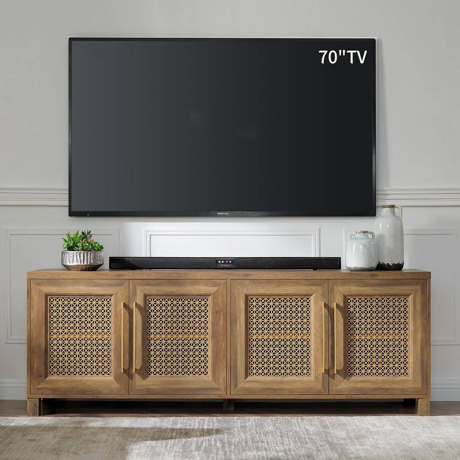 JYED Mid Century Modern TV Stand for TVs up to 75 Inch, with Hollow Metal Mesh Decorated，Boho TV Console with Storage Cabinet,Cable Holes, TV Stand for Living Room, 69.5"x15.6"x24.8", Rustic - Grand Goldman