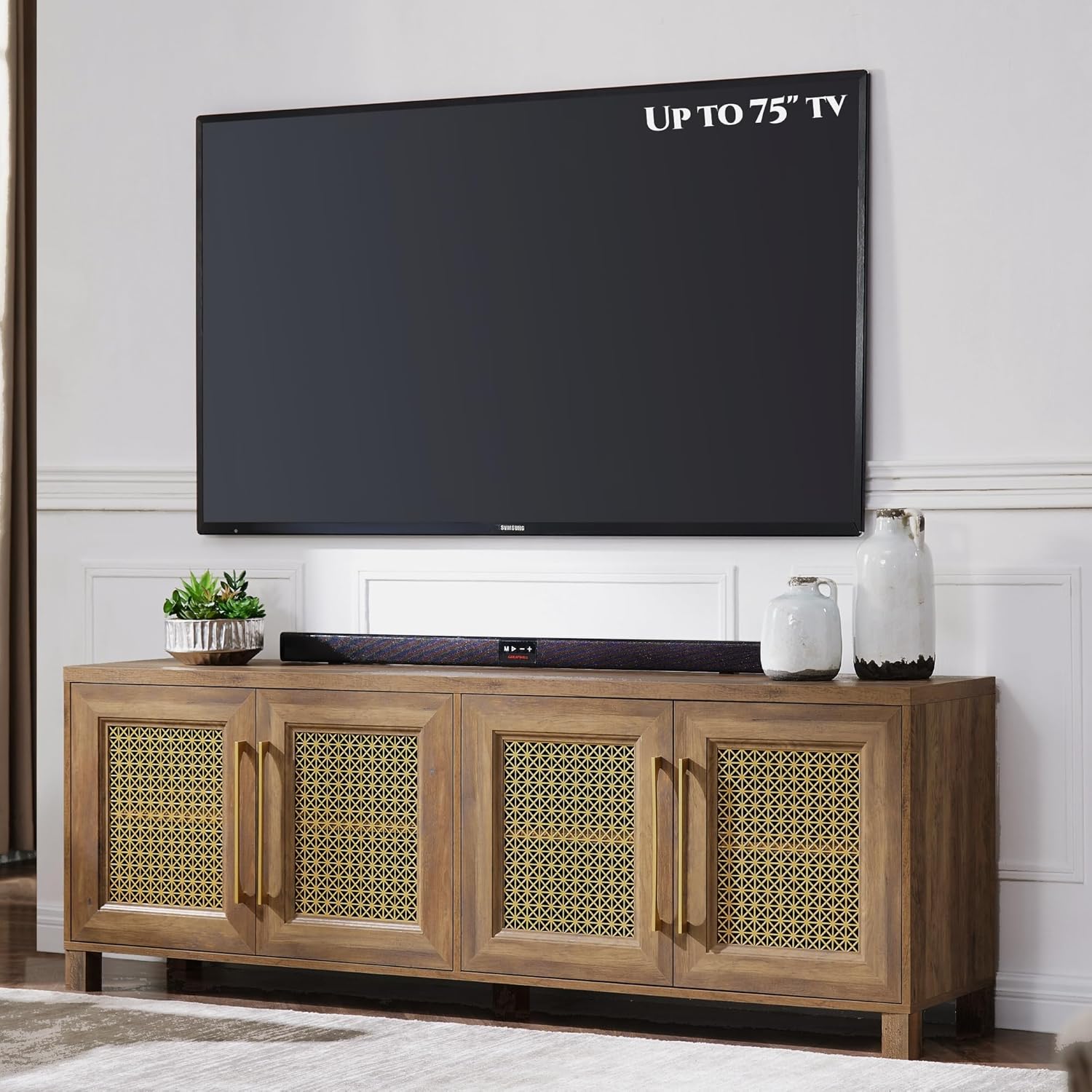 JYED Mid Century Modern TV Stand for TVs up to 75 Inch, with Hollow Metal Mesh Decorated，Boho TV Console with Storage Cabinet,Cable Holes, TV Stand for Living Room, 69.5"x15.6"x24.8", Rustic - Grand Goldman