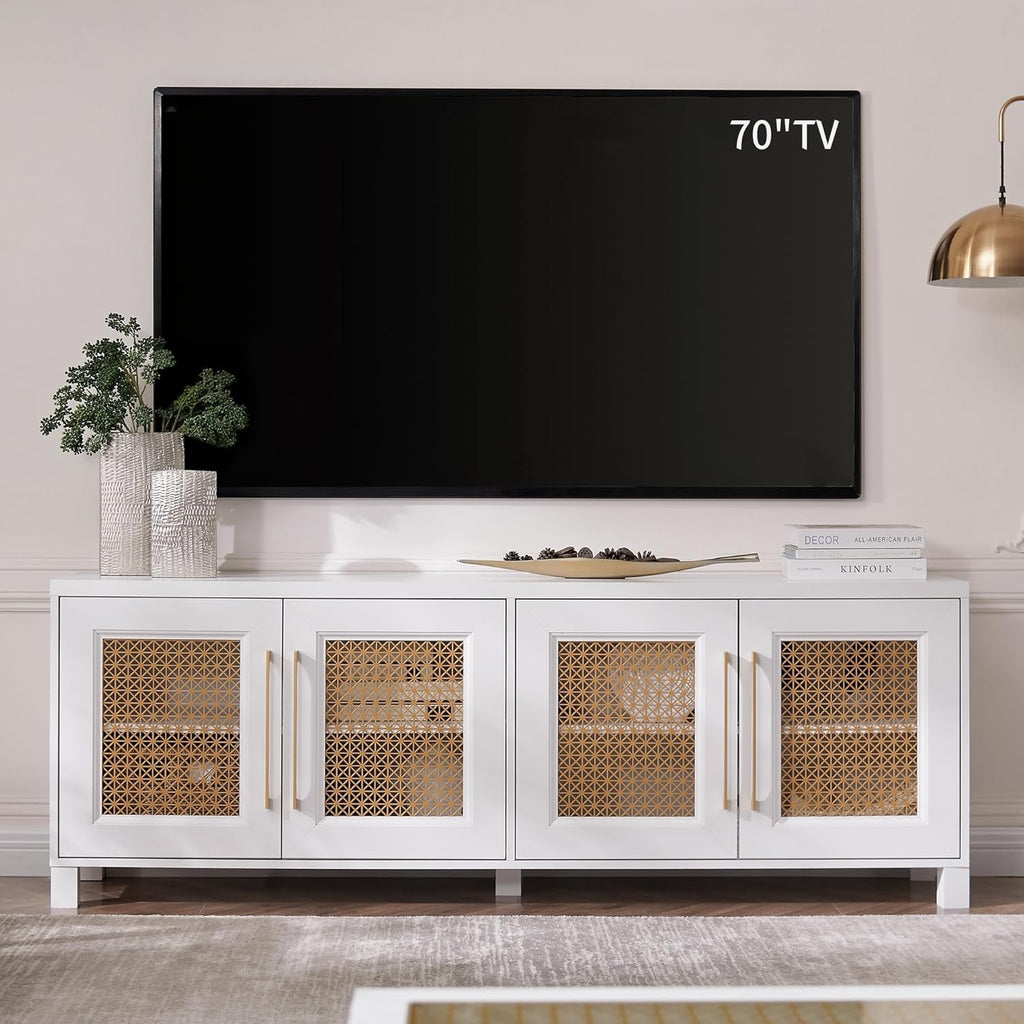 JYED Mid Century Modern TV Stand for TVs up to 75 Inch, with Hollow Metal Mesh Decorated，Boho TV Console with Storage Cabinet,Cable Holes, TV Stand for Living Room, 69.5"x15.6"x24.8", Rustic - Grand Goldman