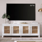 JYED Mid Century Modern TV Stand for TVs up to 75 Inch, with Hollow Metal Mesh Decorated，Boho TV Console with Storage Cabinet,Cable Holes, TV Stand for Living Room, 69.5"x15.6"x24.8", Rustic - Grand Goldman