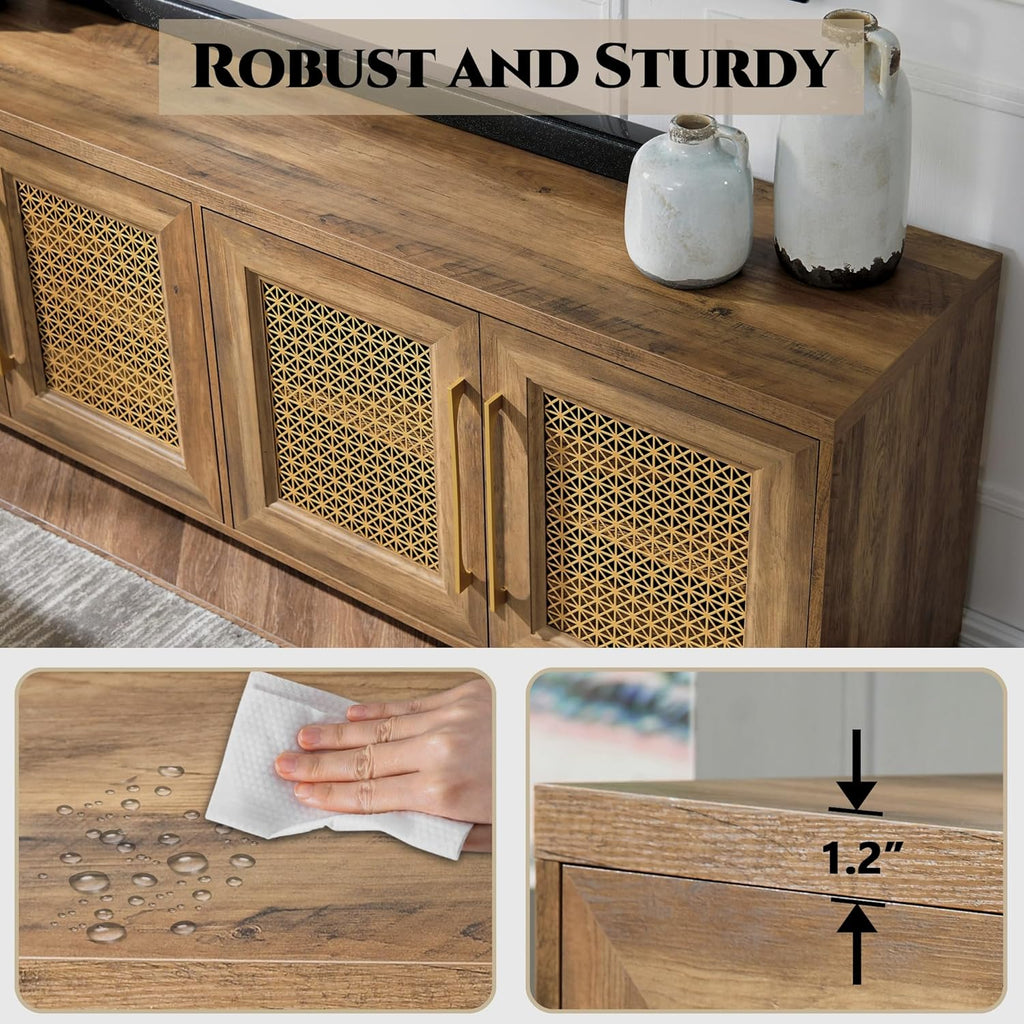 JYED Mid Century Modern TV Stand for TVs up to 75 Inch, with Hollow Metal Mesh Decorated，Boho TV Console with Storage Cabinet,Cable Holes, TV Stand for Living Room, 69.5"x15.6"x24.8", Rustic - Grand Goldman