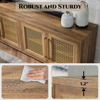 JYED Mid Century Modern TV Stand for TVs up to 75 Inch, with Hollow Metal Mesh Decorated，Boho TV Console with Storage Cabinet,Cable Holes, TV Stand for Living Room, 69.5"x15.6"x24.8", Rustic - Grand Goldman