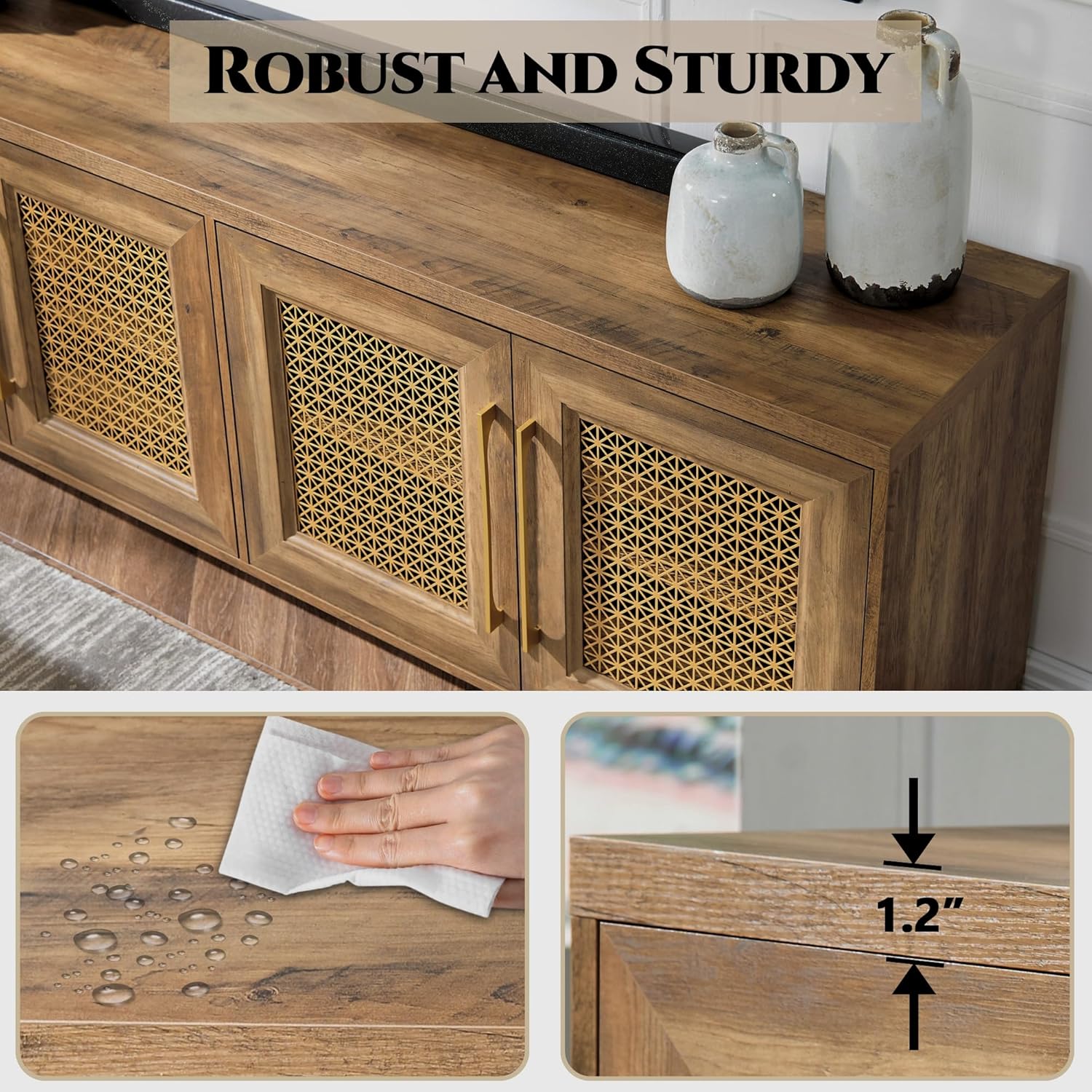 JYED Mid Century Modern TV Stand for TVs up to 75 Inch, with Hollow Metal Mesh Decorated，Boho TV Console with Storage Cabinet,Cable Holes, TV Stand for Living Room, 69.5"x15.6"x24.8", Rustic - Grand Goldman