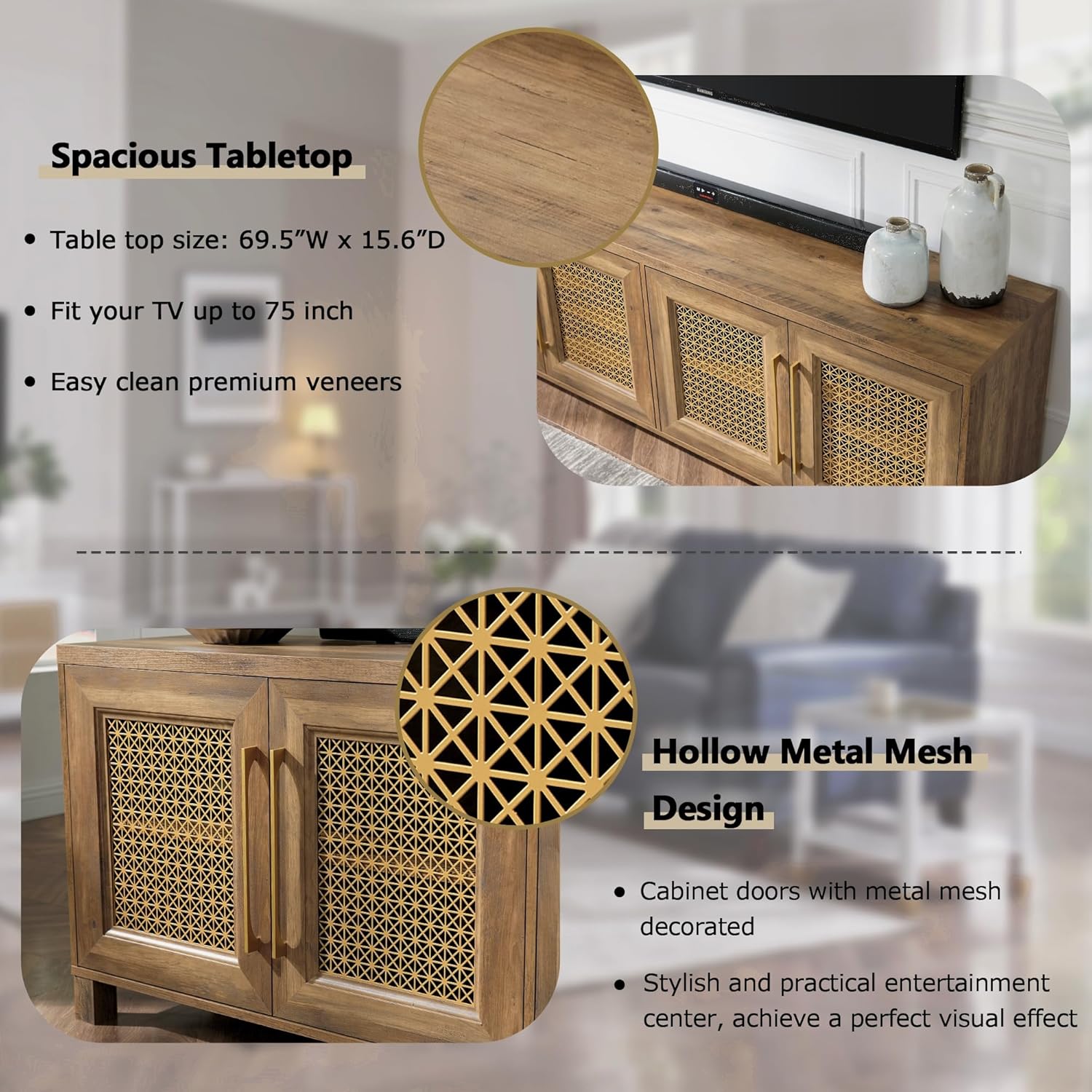 JYED Mid Century Modern TV Stand for TVs up to 75 Inch, with Hollow Metal Mesh Decorated，Boho TV Console with Storage Cabinet,Cable Holes, TV Stand for Living Room, 69.5"x15.6"x24.8", Rustic - Grand Goldman