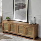 JYED Mid Century Modern TV Stand for TVs up to 75 Inch, with Hollow Metal Mesh Decorated，Boho TV Console with Storage Cabinet,Cable Holes, TV Stand for Living Room, 69.5"x15.6"x24.8", Rustic - Grand Goldman