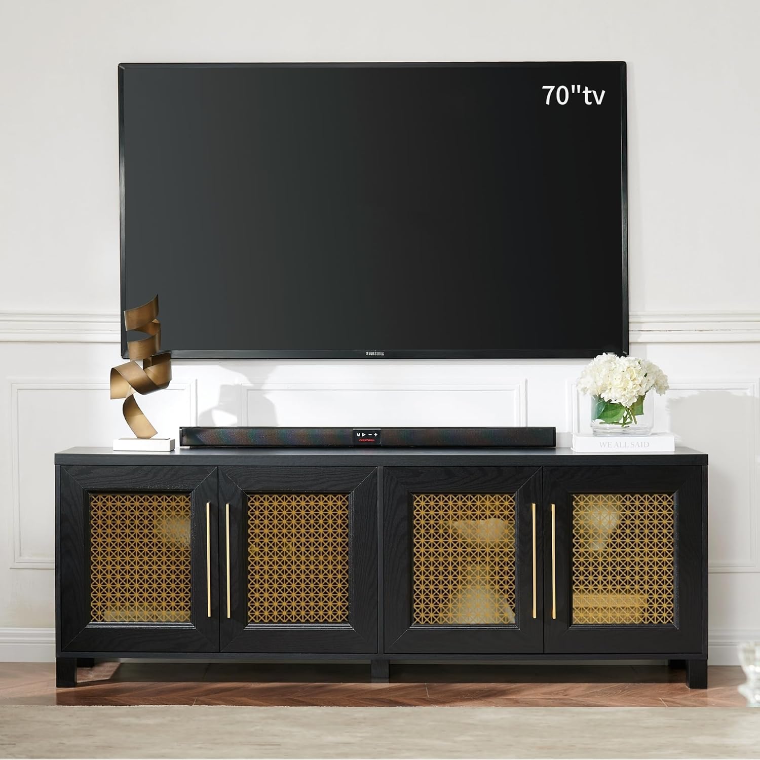 JYED Mid Century Modern TV Stand for TVs up to 75 Inch, with Hollow Metal Mesh Decorated，Boho TV Console with Storage Cabinet,Cable Holes, TV Stand for Living Room, 69.5"x15.6"x24.8", Rustic - Grand Goldman