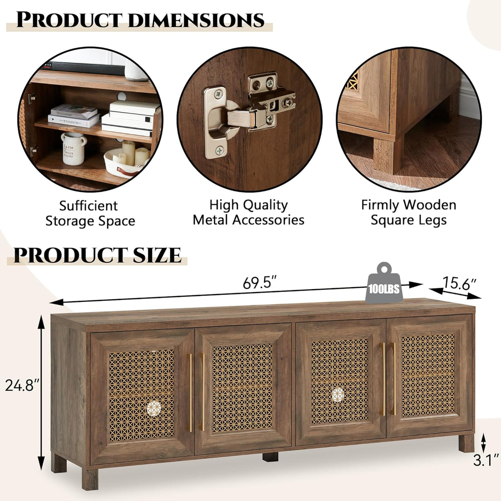 JYED Mid Century Modern TV Stand for TVs up to 75 Inch, with Hollow Metal Mesh Decorated，Boho TV Console with Storage Cabinet,Cable Holes, TV Stand for Living Room, 69.5"x15.6"x24.8", Rustic - Grand Goldman