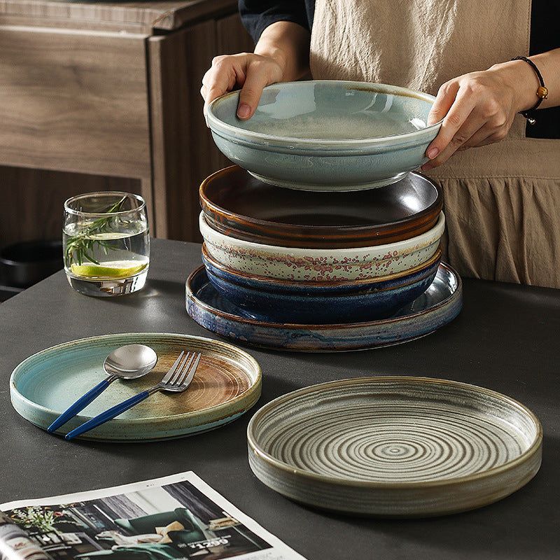 Japanese Creative Ceramic Kiln Becomes Retro Uneven Household Round Dish - Grand Goldman