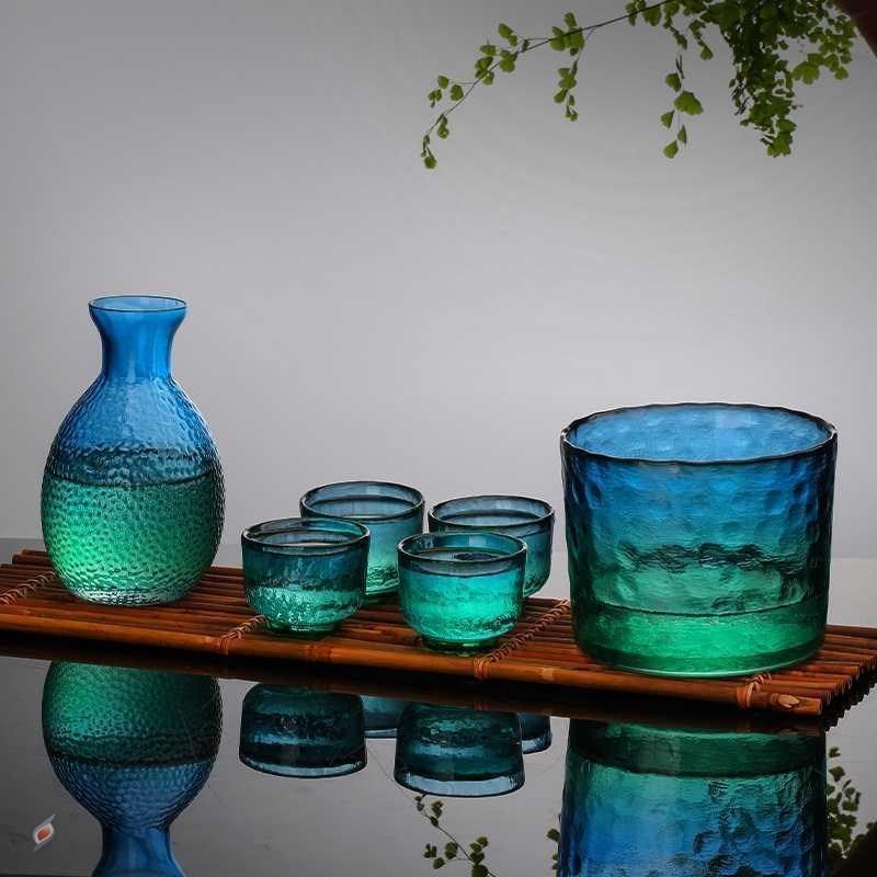 Japanese Style Blue Glass Wine & Tea Phnom Penh Pot Set Hammer Pattern - Grand Goldman