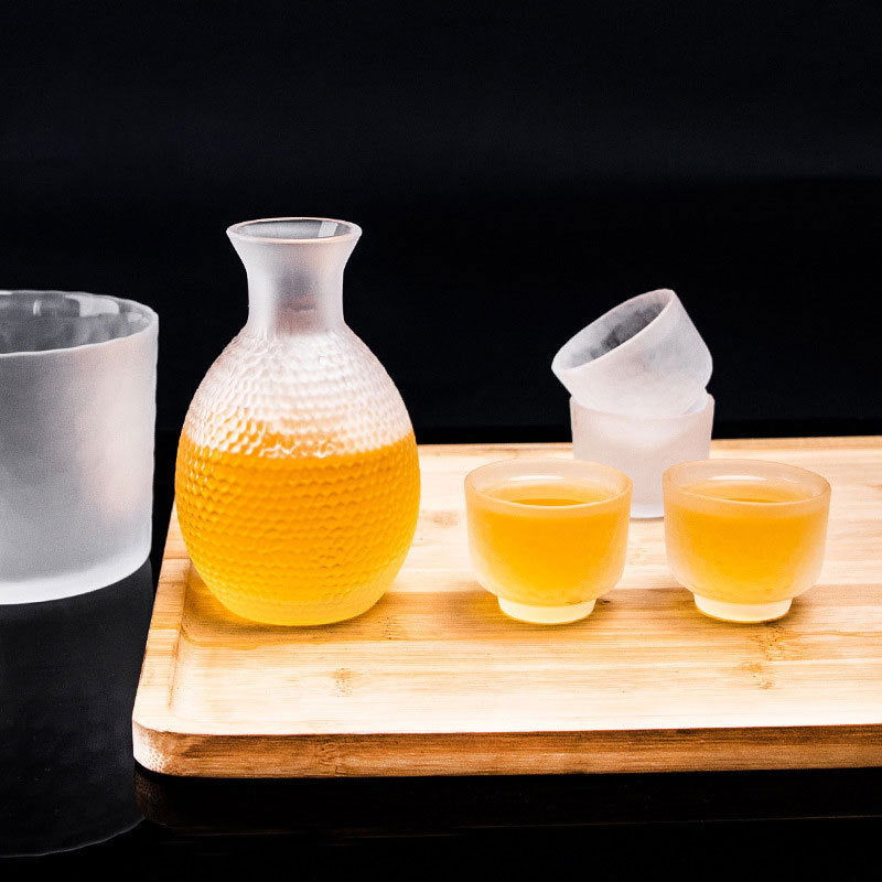 Japanese Style Blue Glass Wine & Tea Phnom Penh Pot Set Hammer Pattern - Grand Goldman