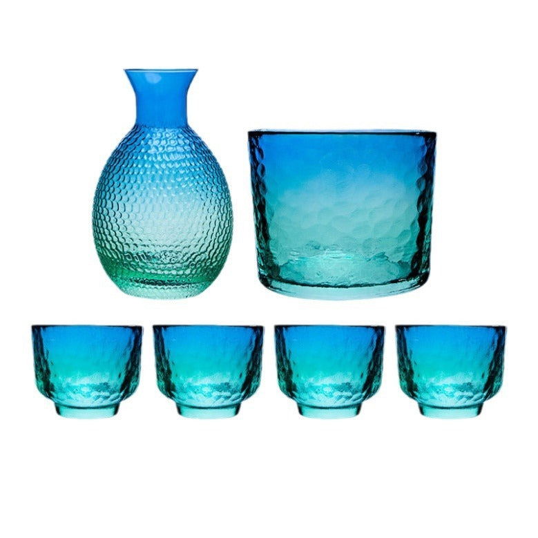 Japanese Style Blue Glass Wine & Tea Phnom Penh Pot Set Hammer Pattern - Grand Goldman