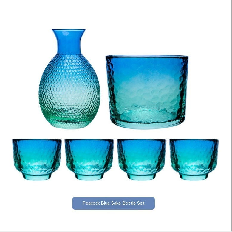 Japanese Style Blue Glass Wine & Tea Phnom Penh Pot Set Hammer Pattern - Grand Goldman