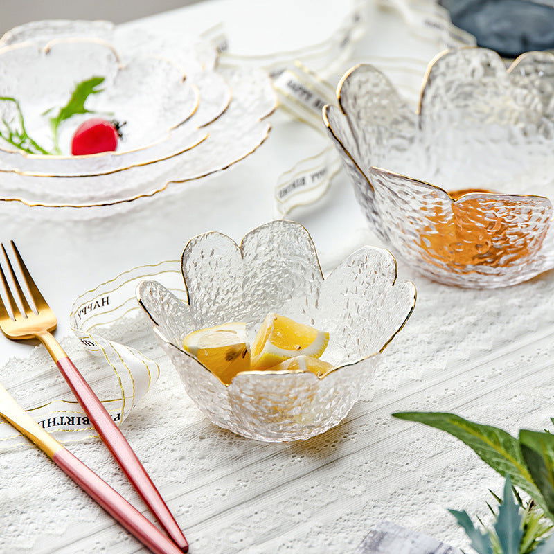 Japanese Style Hammer Pattern Petal Glass Bowl Plate Set - Grand Goldman