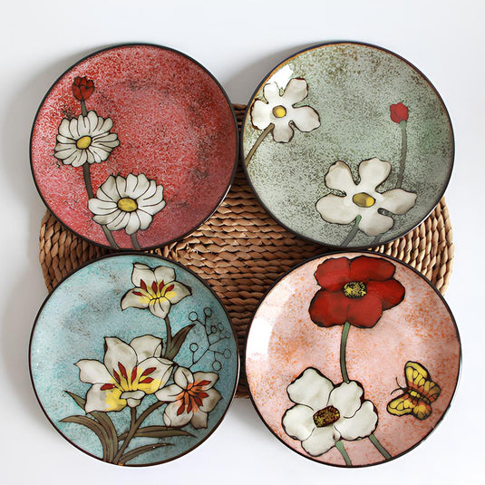 Japanese Style Kiln Flower Tableware High-End Restaurant, Ceramic Plates & Wind Flat Floral Dish Underglaze Vintage Colors - Grand Goldman